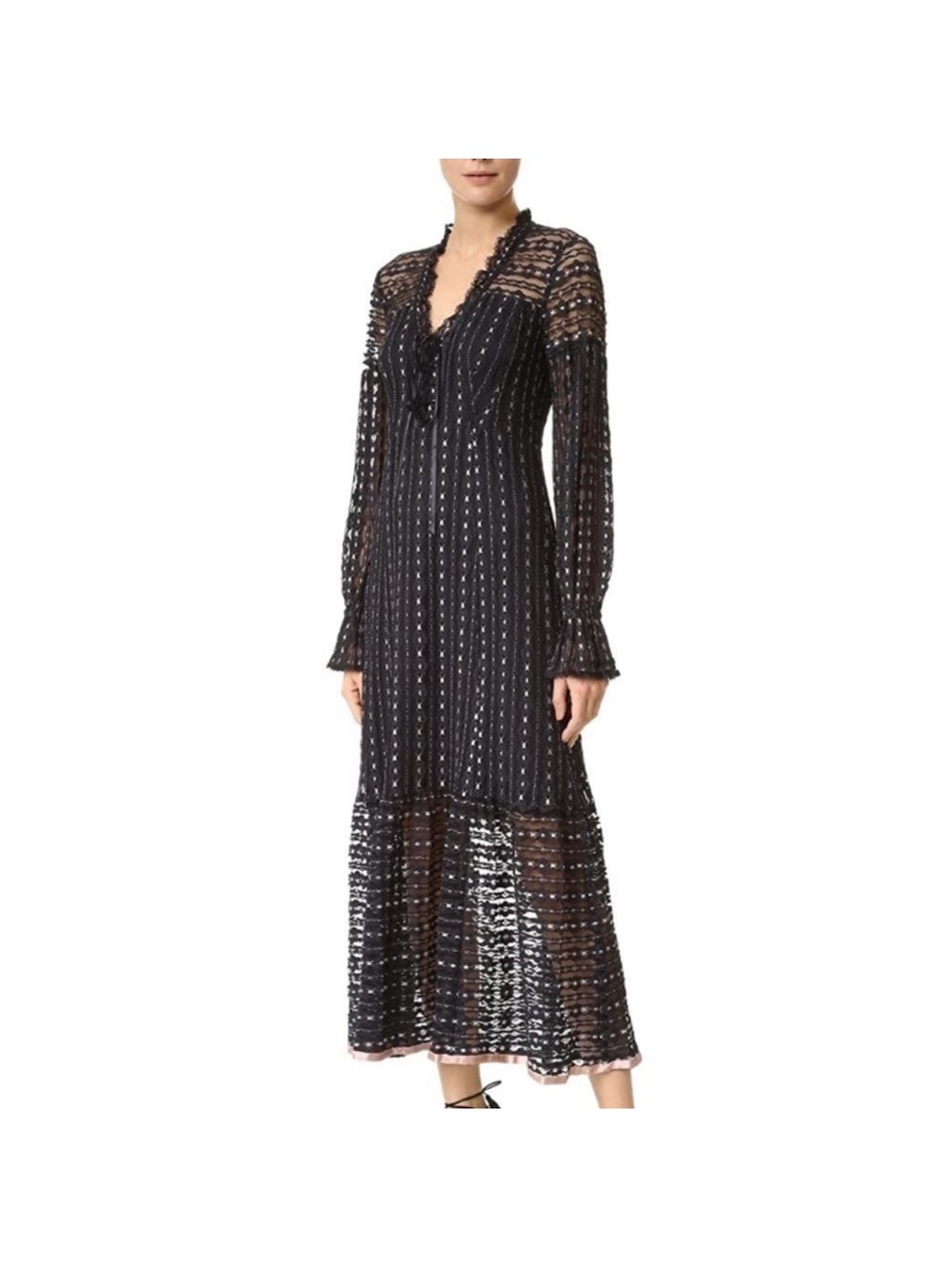 Nanette Lepore Black Lace Long Sleeve Tiered Maxi Dress